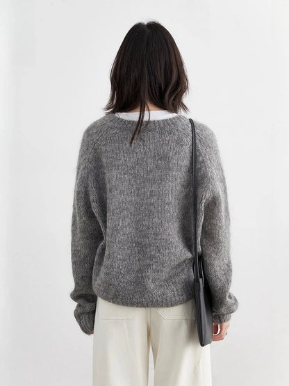 CHIC VEN Korean Women Sweaters Loose Casual Solid New V-neck Mohair Soft Female Knitted Jumpers Pullovers Autumn Winter 2025 Loran