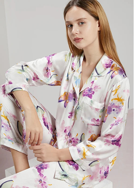 19MM 100% Mulberry Silk Pajamas Women Silk Sleepwear Lady Long-sleeved TrousersTwo-piece Spring Summer  Loose Sexy Home Clothes Loran