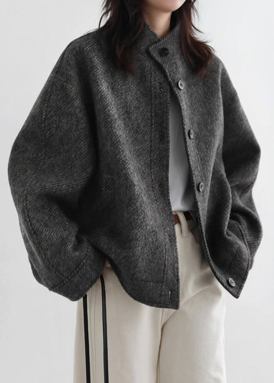 CHIC VEN Women Short Woolen Coat New Stand Up Twill Texture Single Breasted Ladies Jacket Retro Woman Outwear Autumn Winter 2025 Loran