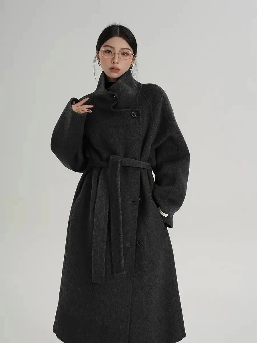 Chic Gray Standing Collar Double-Sided Wool Coat - Loran