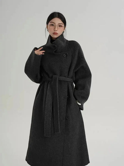 Chic Gray Standing Collar Double-Sided Wool Coat - Loran