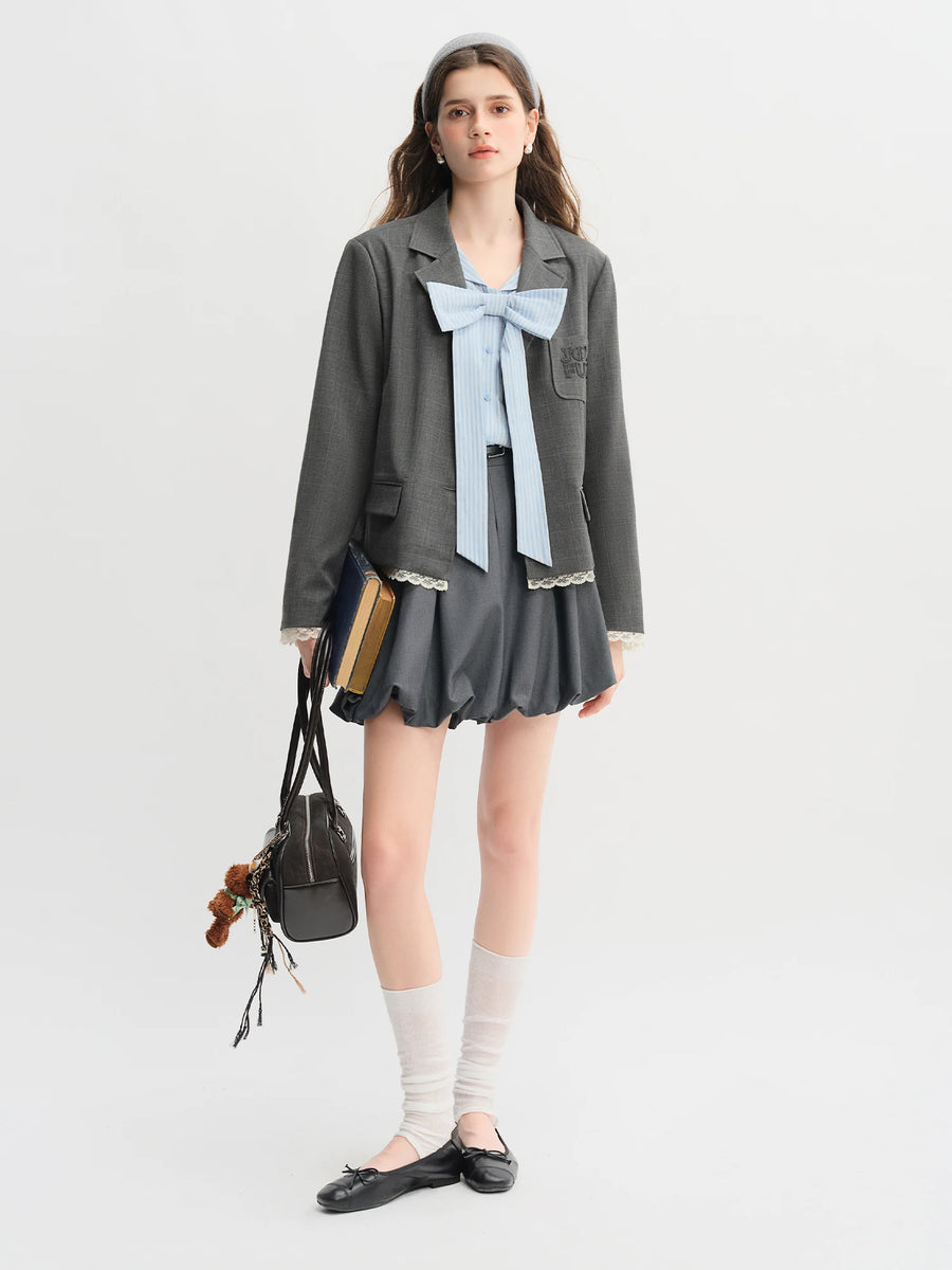 Plus Size Navy Striped Shirt with Collar & Bow Detail