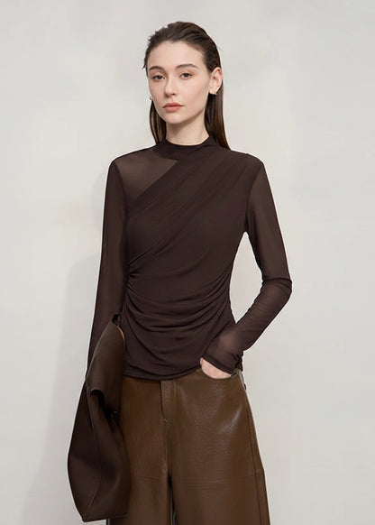 AMII T Shirts Women 2025 Autumn New O-Neck Slim Versatile Lady Knitted Tops Long Sleeve Sexy See-through Mesh T-shirt 12543162 Loran