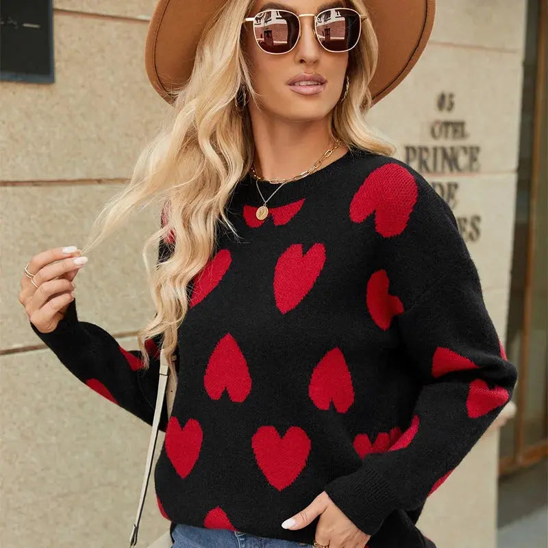 Mix Color Heart Knitted Jumper: Long Sleeve O-Neck Sweater for Women - Loran