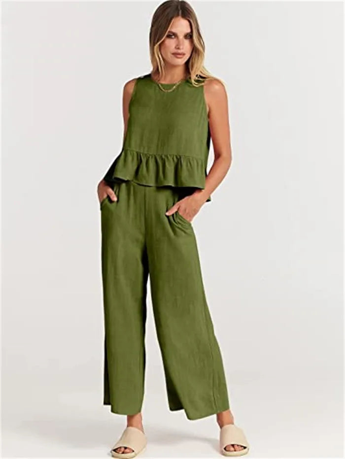 Summer Pleated Wide-Leg Pant Set