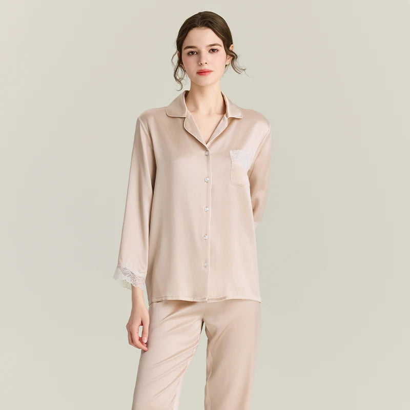 100% Real Silk Pajamas Set with Lace Trim Women's Sleepwear Loran