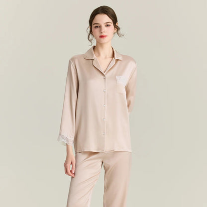 100% Real Silk Pajamas Set with Lace Trim Women's Sleepwear Loran