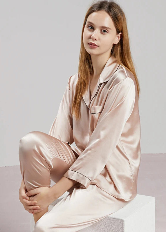 19MM 100% Mulberry Silk Pajamas Women Silk Sleepwear Lady Long-sleeved TrousersTwo-piece Spring Summer  Loose Sexy Home Clothes Loran