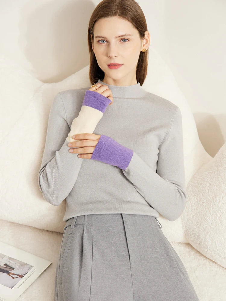 AMII Minimalist 2025 Winter New Sweaters for Women Office Lady Basics Half High Collar Color Contrast Slim Pullovers 12324067 Loran