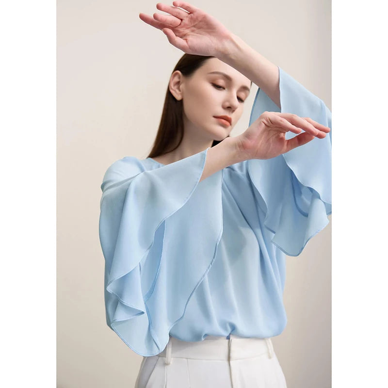 Amii Women Blouse 2026 Spring New O-Neck Raglan Flare Sleeve Chiffon Shirt Versatile Elegant Women's Long Sleeve Top 12621052 Loran