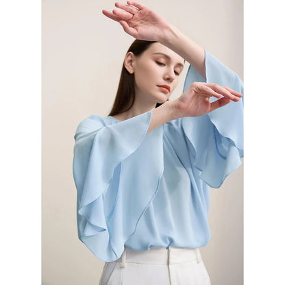 Amii Women Blouse 2026 Spring New O-Neck Raglan Flare Sleeve Chiffon Shirt Versatile Elegant Women's Long Sleeve Top 12621052 Loran