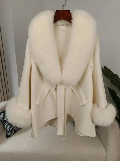 Luxury Wool Blend Cape with Detachable Fur Collar - Loran