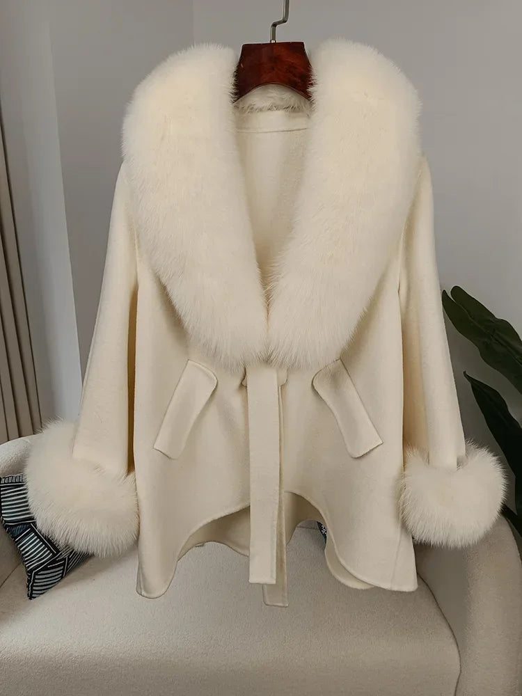 Luxury Wool Blend Cape with Detachable Fur Collar