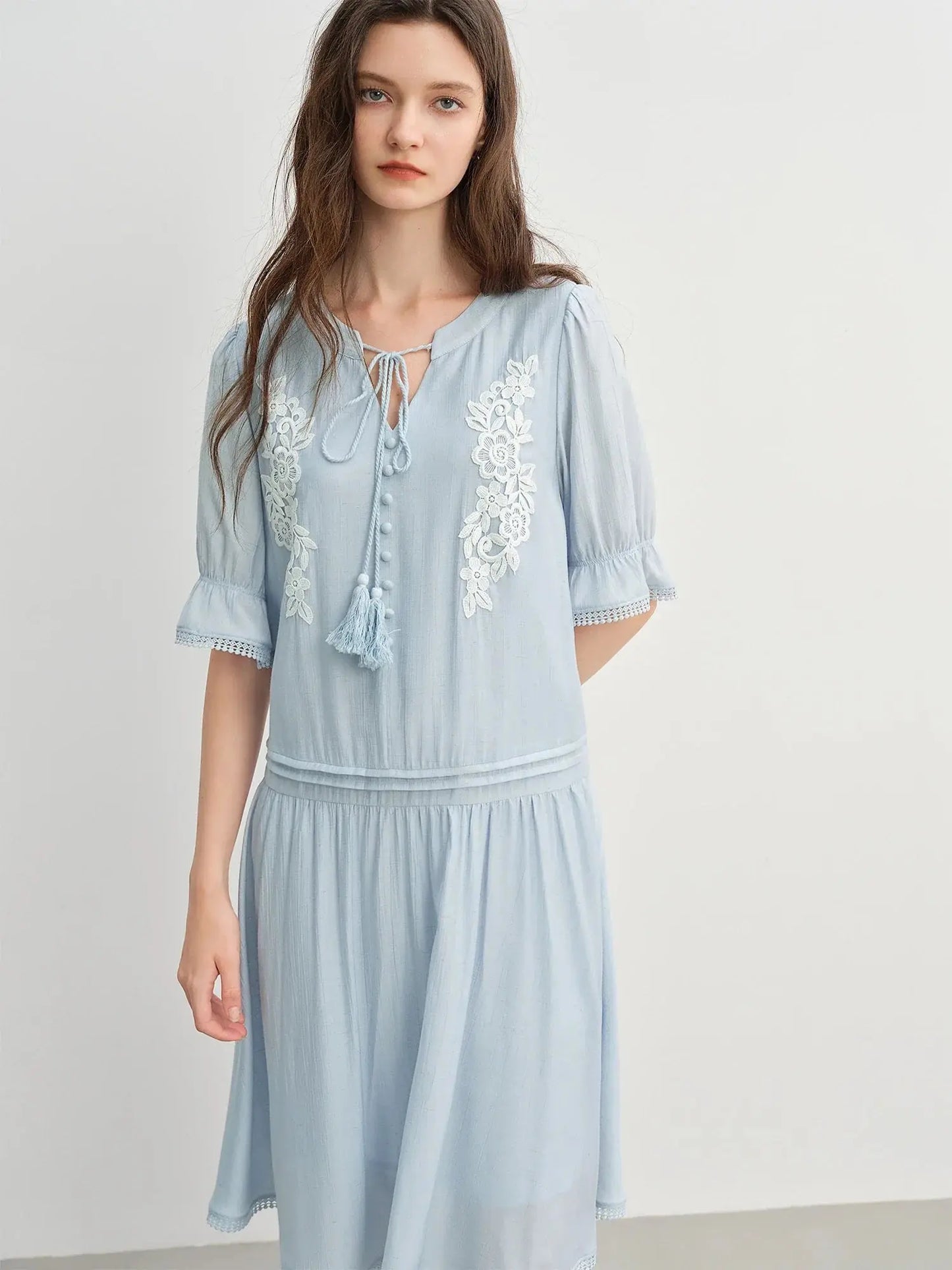 Bohemian Embroidered Midi Dress with Tassel Straps - Loran