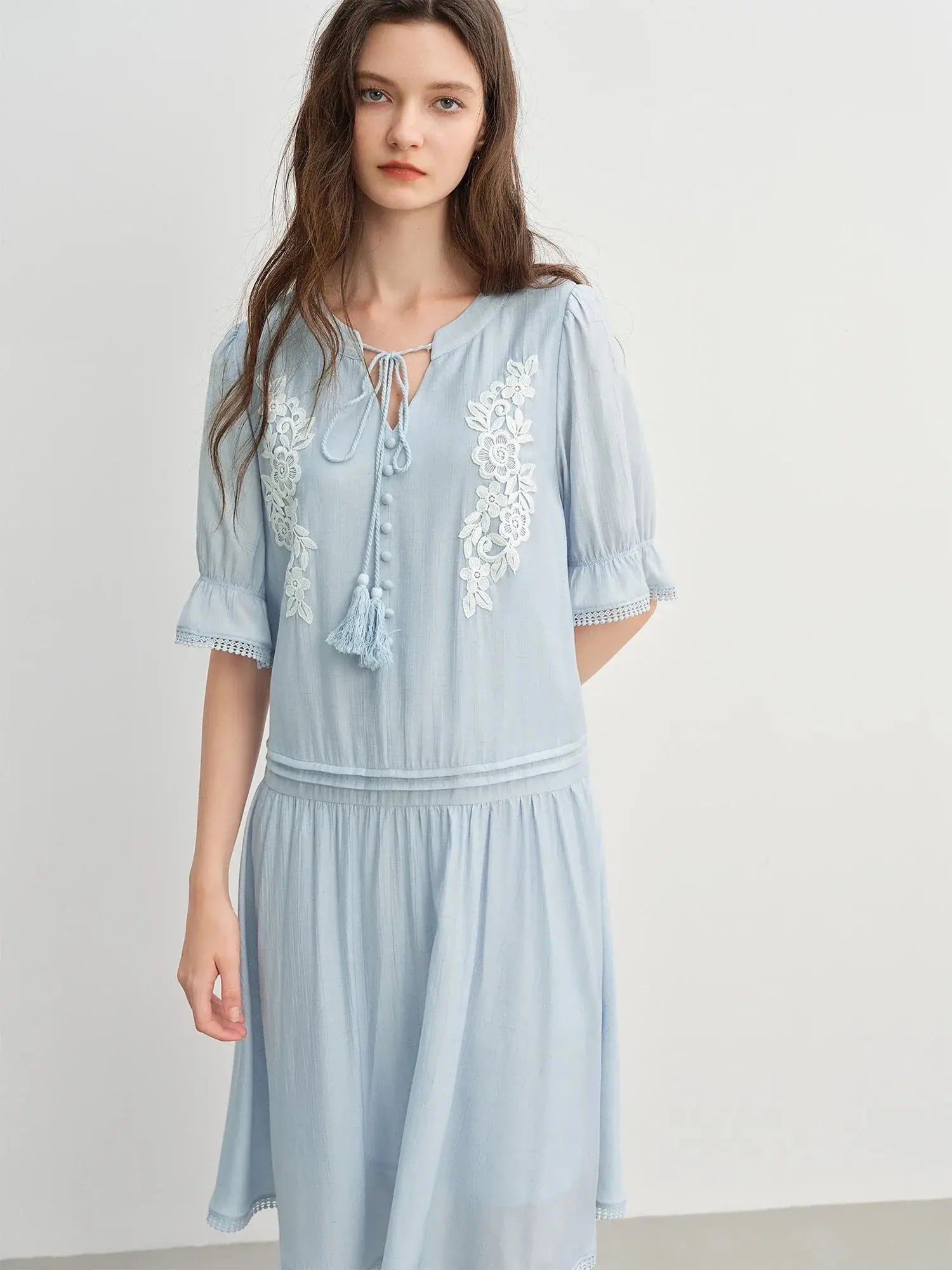 Bohemian Embroidered Midi Dress with Tassel Straps - Loran