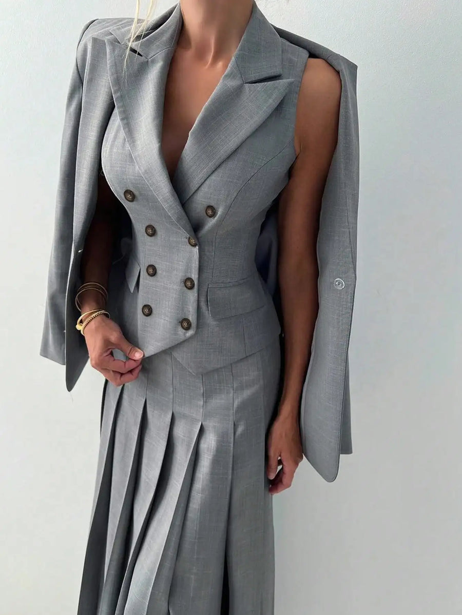 3-Piece Women's Business Suit: Vest, Pleated Skirt & Jacket