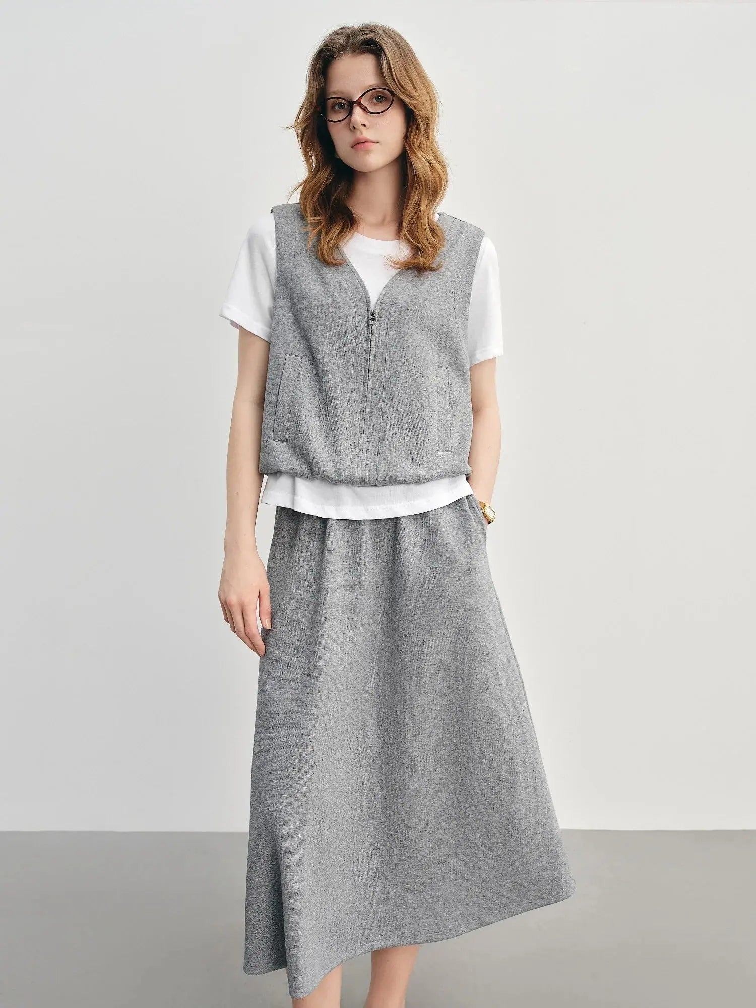 Simple Gray Short-Sleeve Faux Two-Piece Skirt Suit - Loran