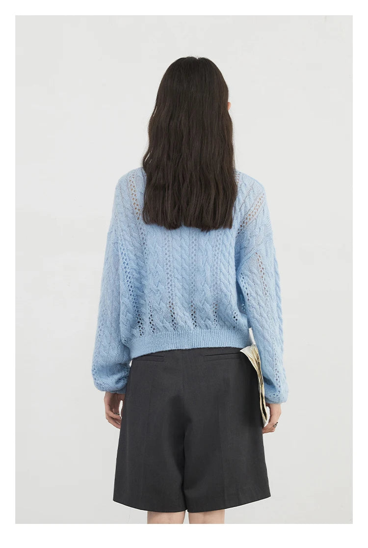 Mohair Hollow Knit Cardigan Loose Casual Short Jumper Loran