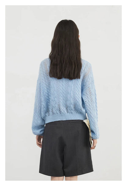 Mohair Hollow Knit Cardigan Loose Casual Short Jumper Loran