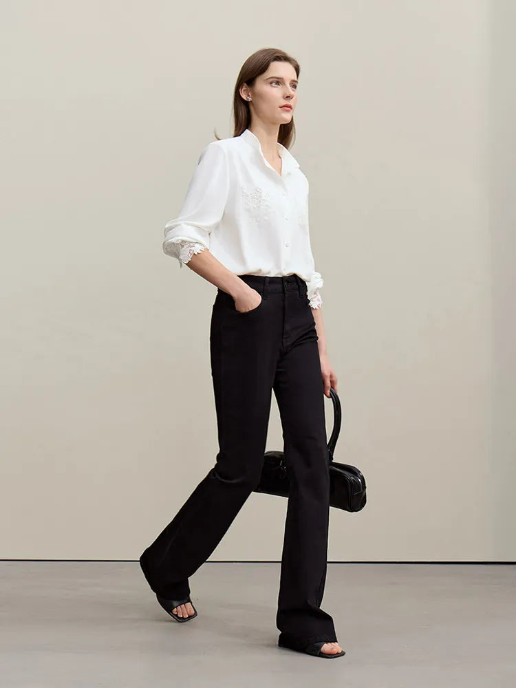 Amii Women's Blouse 2026 Spring New Elegant Commuter Stand-up Collar Chiffon Shirt Lace Pocket Women's Solid Loose Top 12641124 Loran