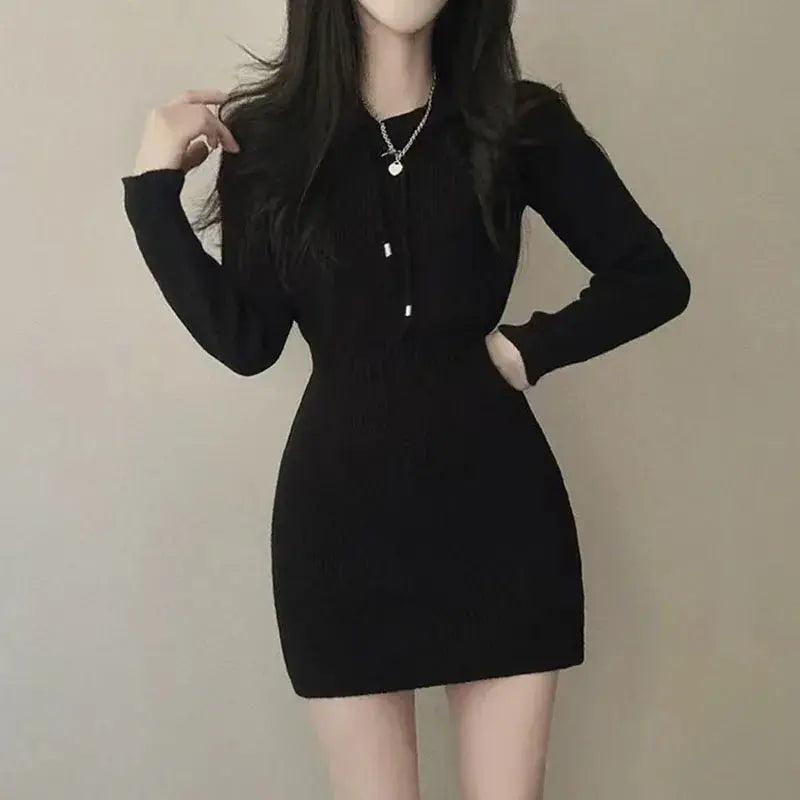 Chic High-Waist Bandage Knit Dress with Hood - Loran