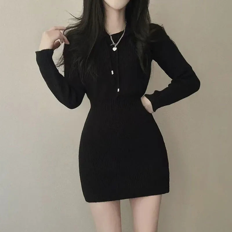 Chic High-Waist Bandage Knit Dress with Hood