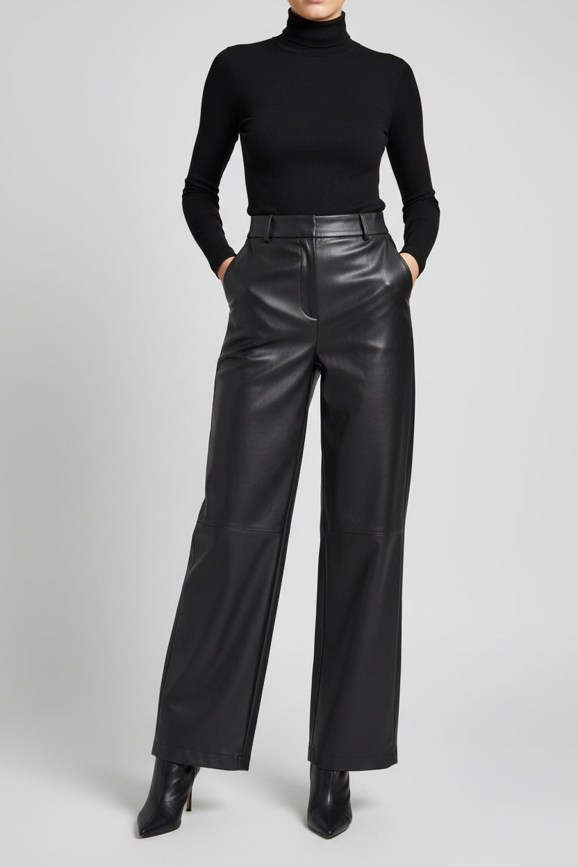 AMII Minimalist PU Leather Casual Pants for Women 2025 Autumn New Loose Floor Length Straight Slit Female Trousers 12343250 Loran