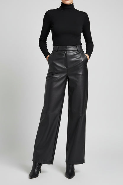 AMII Minimalist PU Leather Casual Pants for Women 2025 Autumn New Loose Floor Length Straight Slit Female Trousers 12343250 Loran