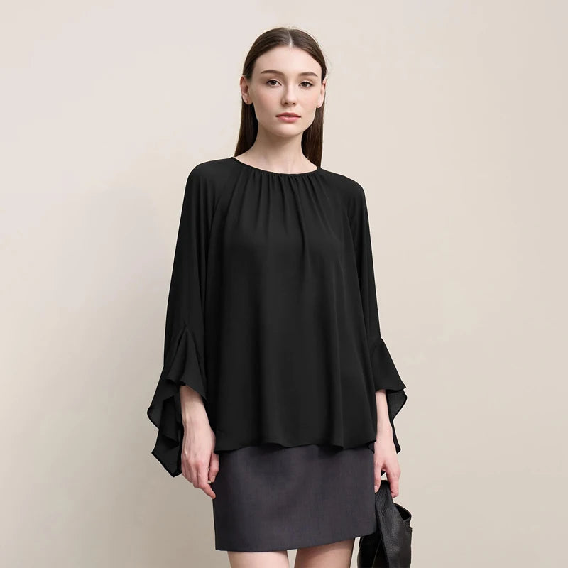 Amii Women Blouse 2026 Spring New O-Neck Raglan Flare Sleeve Chiffon Shirt Versatile Elegant Women's Long Sleeve Top 12621052 Loran