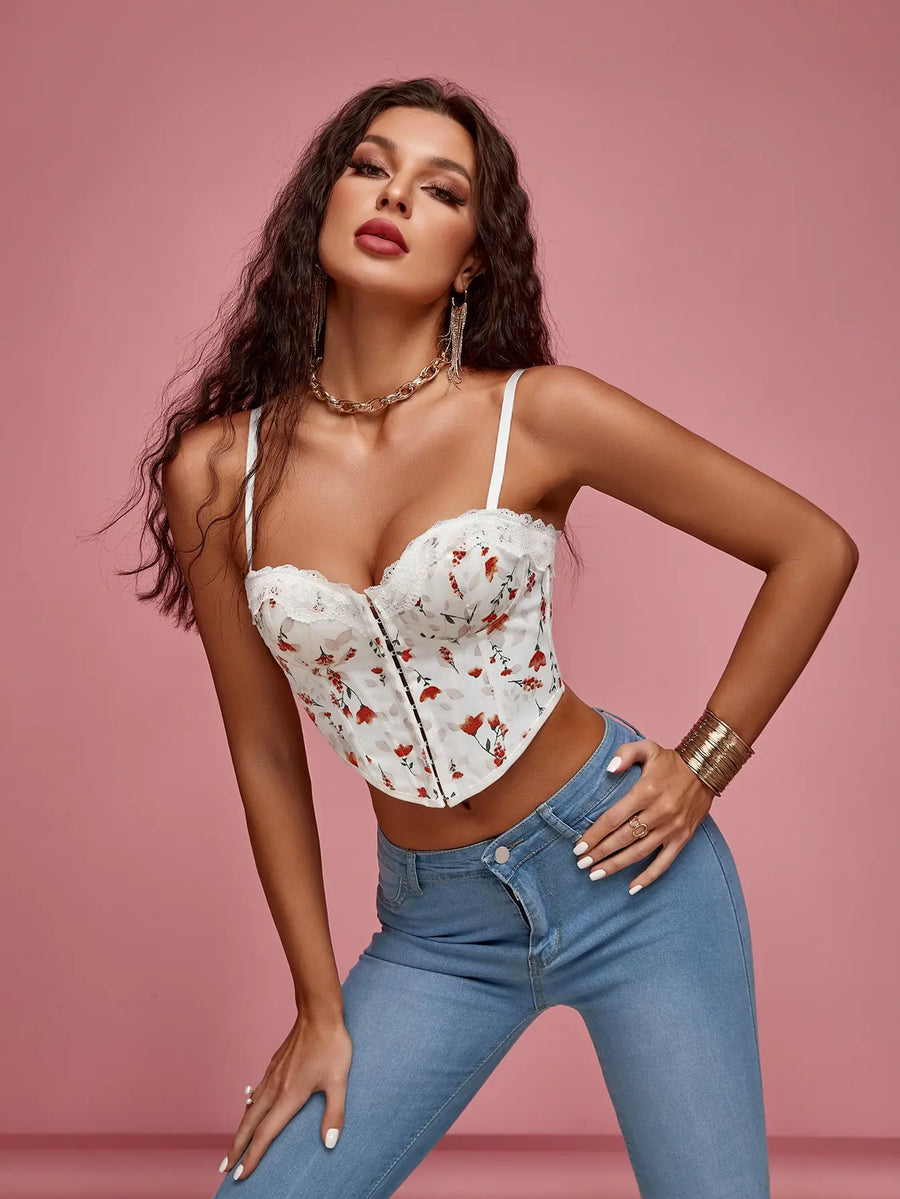 Sexy Women Vest Floral Print Fishbone Detail Cami Cropped