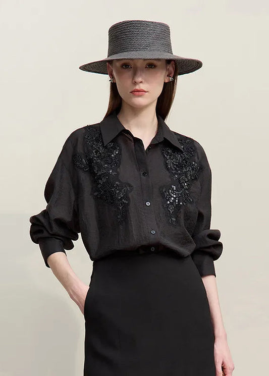 Amii Women Shirts 2026 Spring New Versatile Lapel Long Sleeve Shirt Women's Embroidery Casual Straight Mid‑Length Top 12641067 Loran