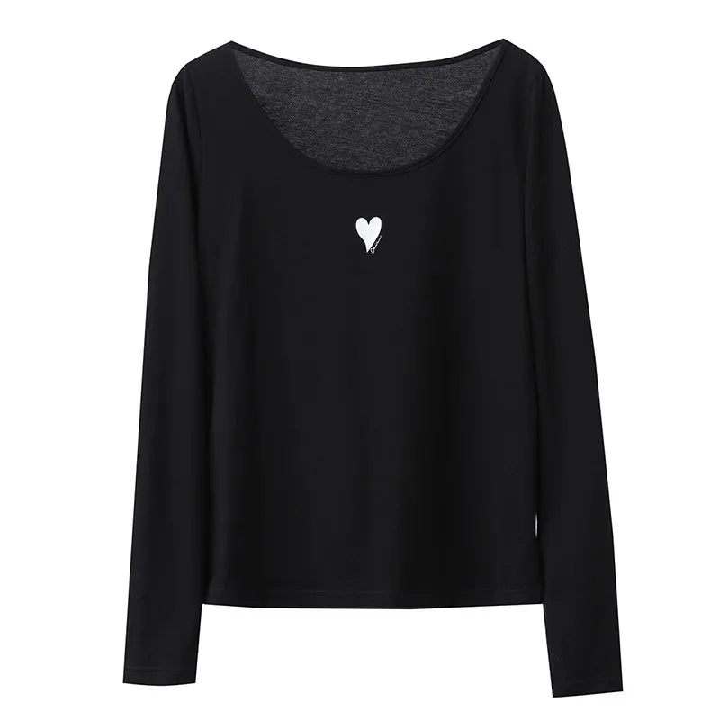 U-Neck Contrast Print Tee Long Sleeve Cotton Basic Loran