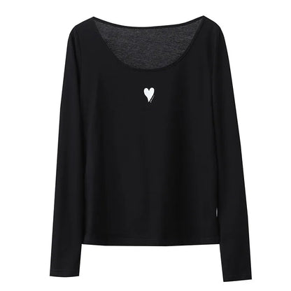 U-Neck Contrast Print Tee Long Sleeve Cotton Basic Loran