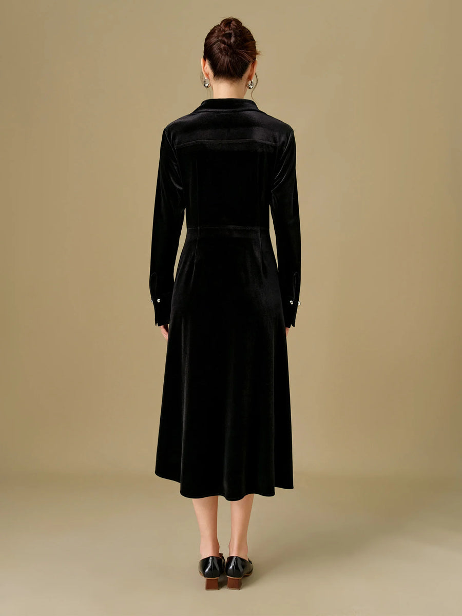 Elegant Black Velvet Long Dress with Polo Neck