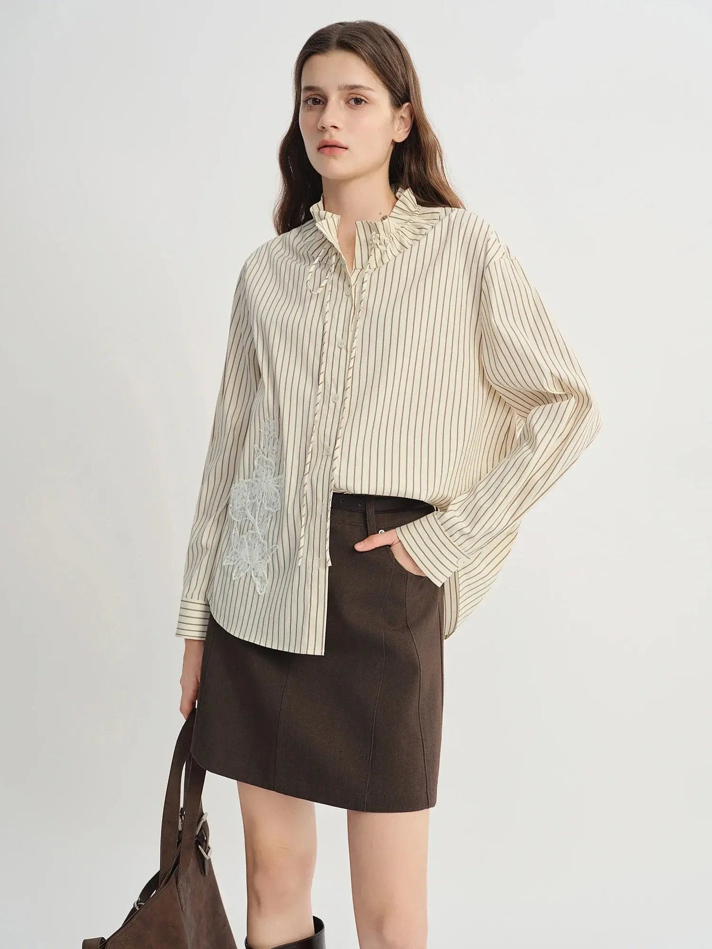 Plus Size French Style Striped Shirt with Lace Patch - Loran