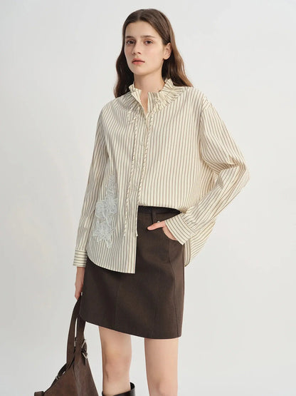 Plus Size French Style Striped Shirt with Lace Patch - Loran