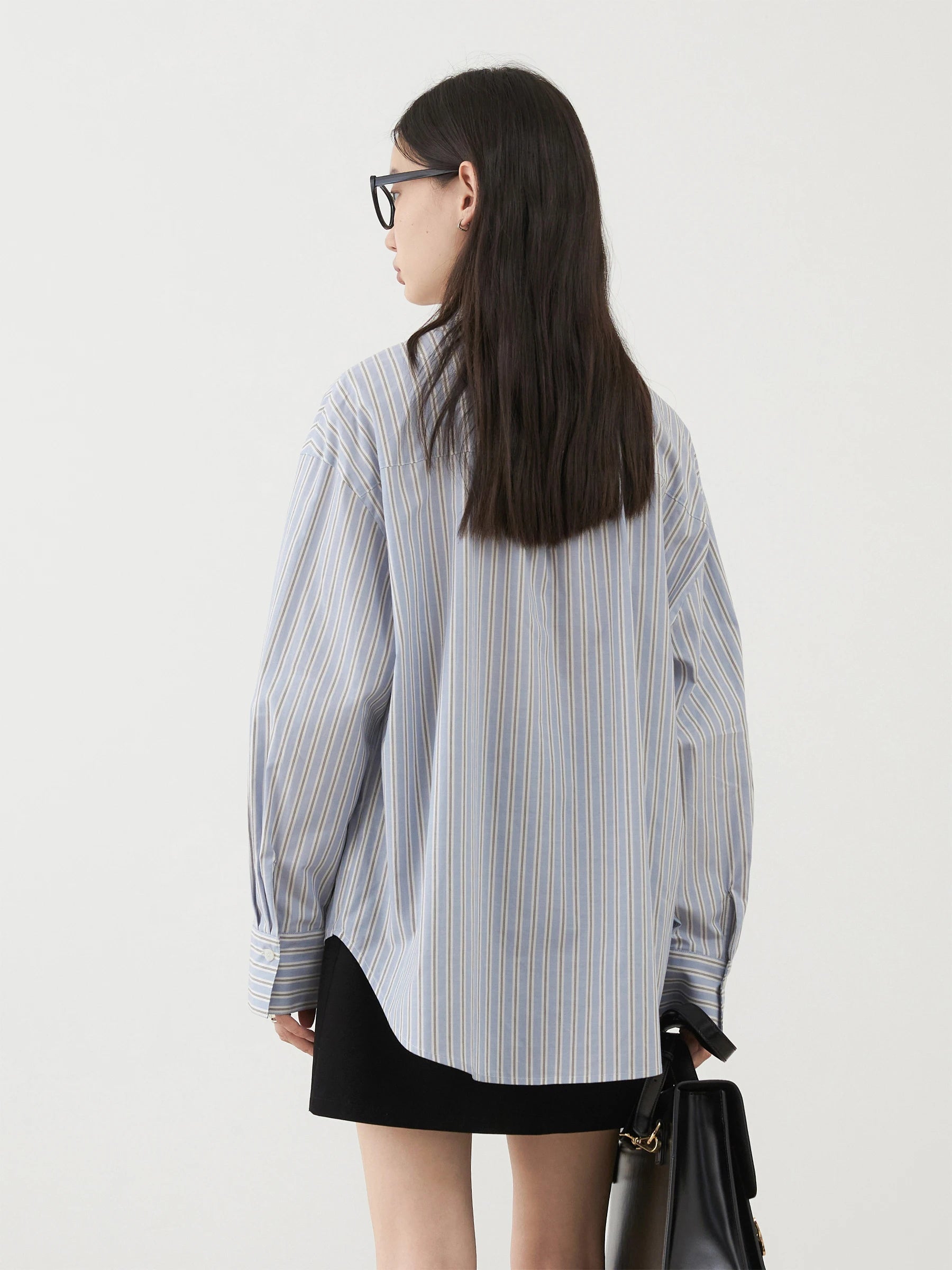 Blue Striped Bow Tie Blouse Cotton Casual Shirt Loran