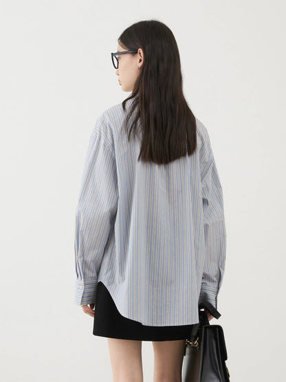 Blue Striped Bow Tie Blouse Cotton Casual Shirt Loran
