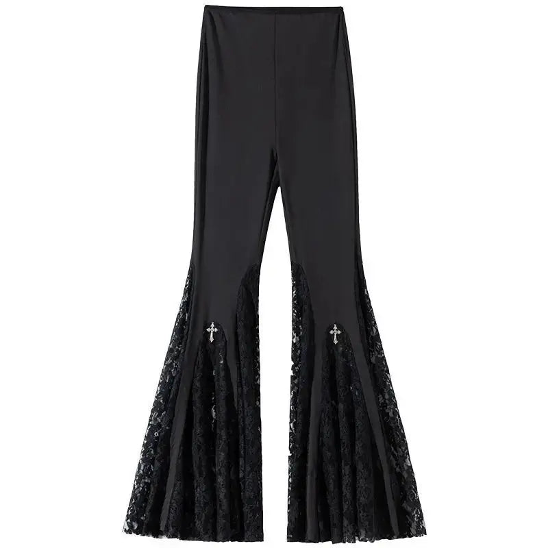 Gothic Black Lace Flare Pants - See-Through Mesh Trousers - Loran