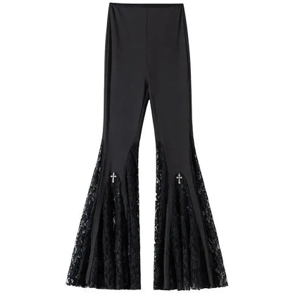Gothic Black Lace Flare Pants - See-Through Mesh Trousers - Loran
