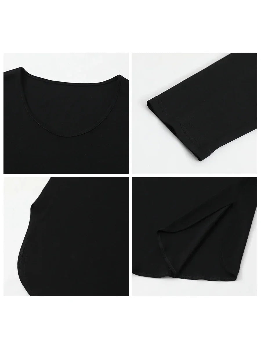 Loose U-Neck Long Sleeve Tee Casual Split Hem Top Loran