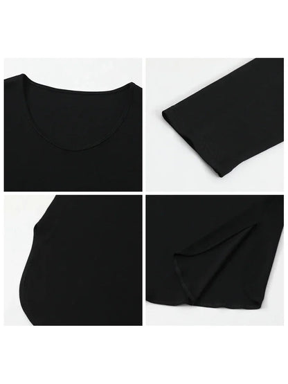 Loose U-Neck Long Sleeve Tee Casual Split Hem Top Loran