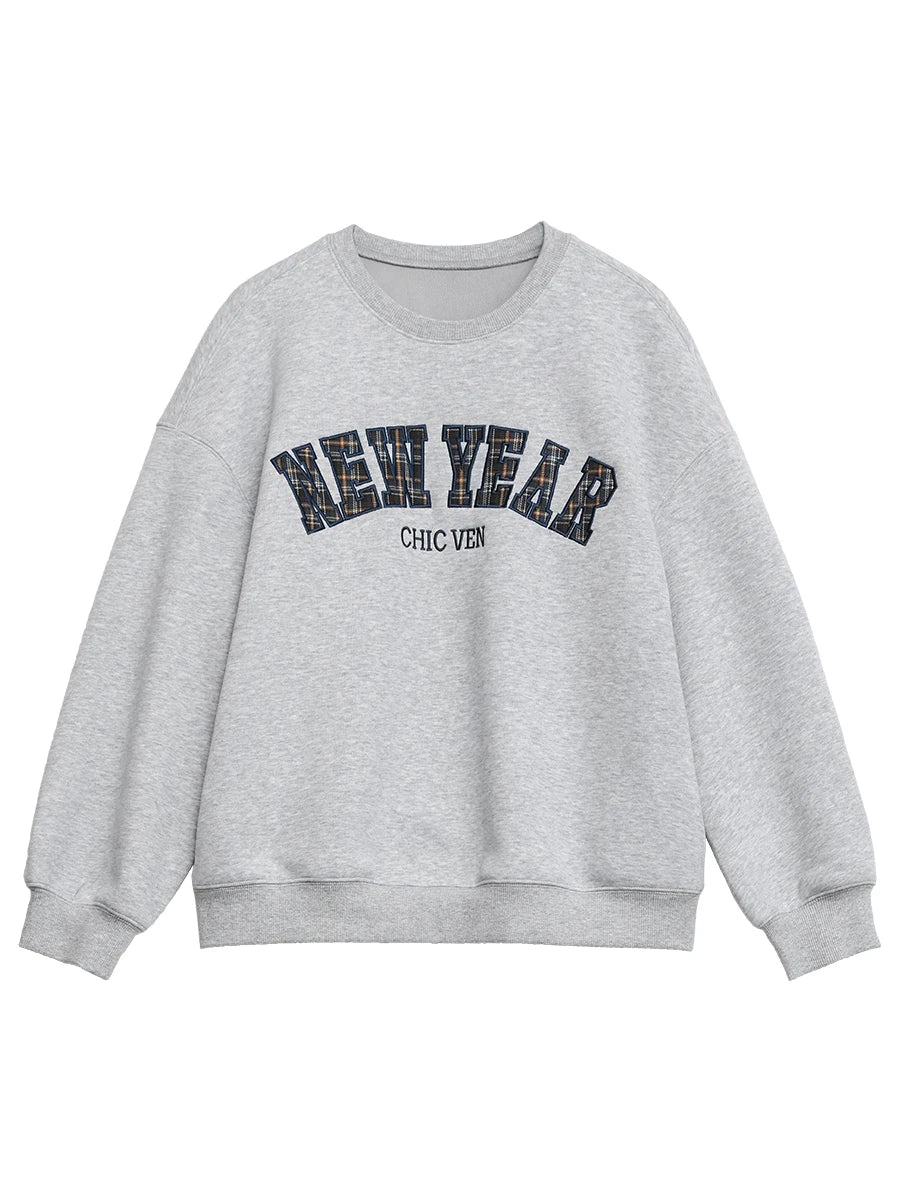 Letter Print Fleece Sweatshirt Casual Warm Pullover