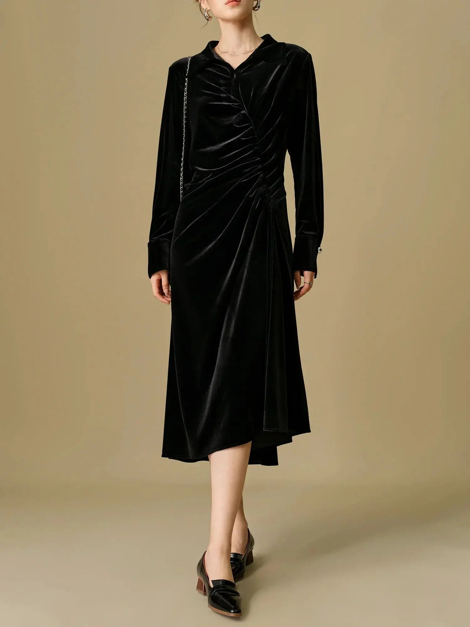 Elegant Black Velvet Long Dress with Polo Neck - Loran