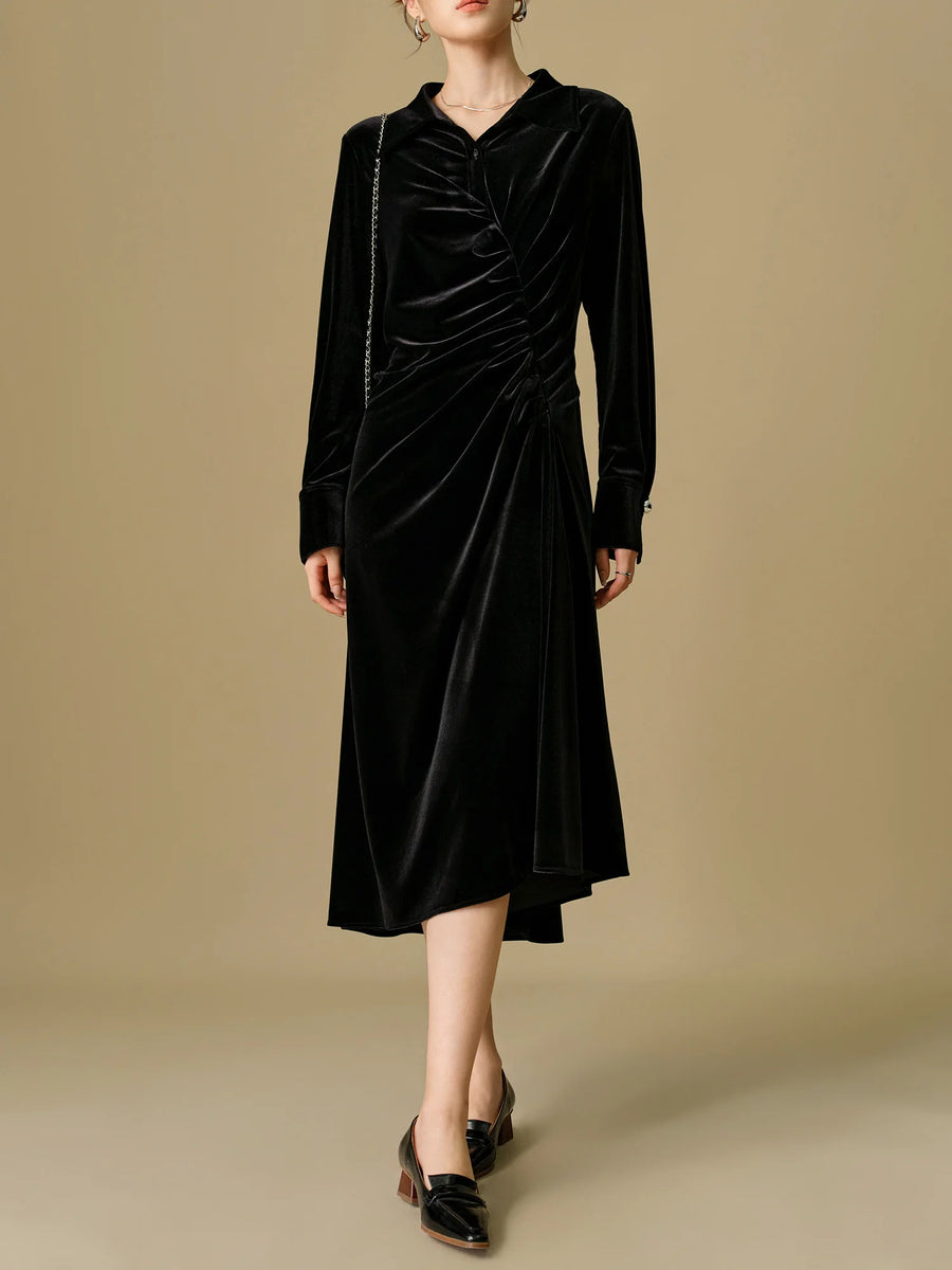 Elegant Black Velvet Long Dress with Polo Neck