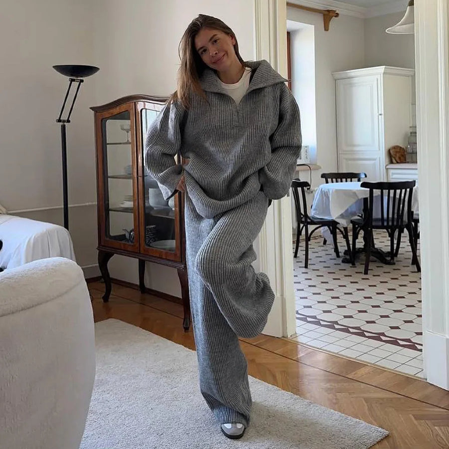 Chic Knitted Sweater and Wide-Leg Trousers Set