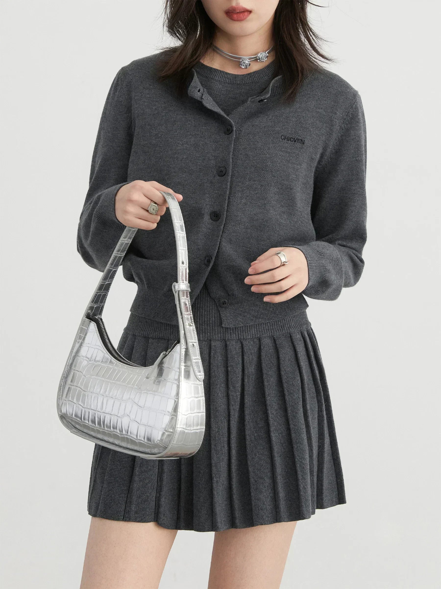 Women’s 3-Piece Knitted Skirt Set Pleated Cardigan Outfit Loran
