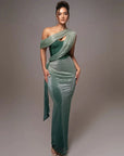 Sparkling One-Shoulder Draped Corset Maxi Dress
