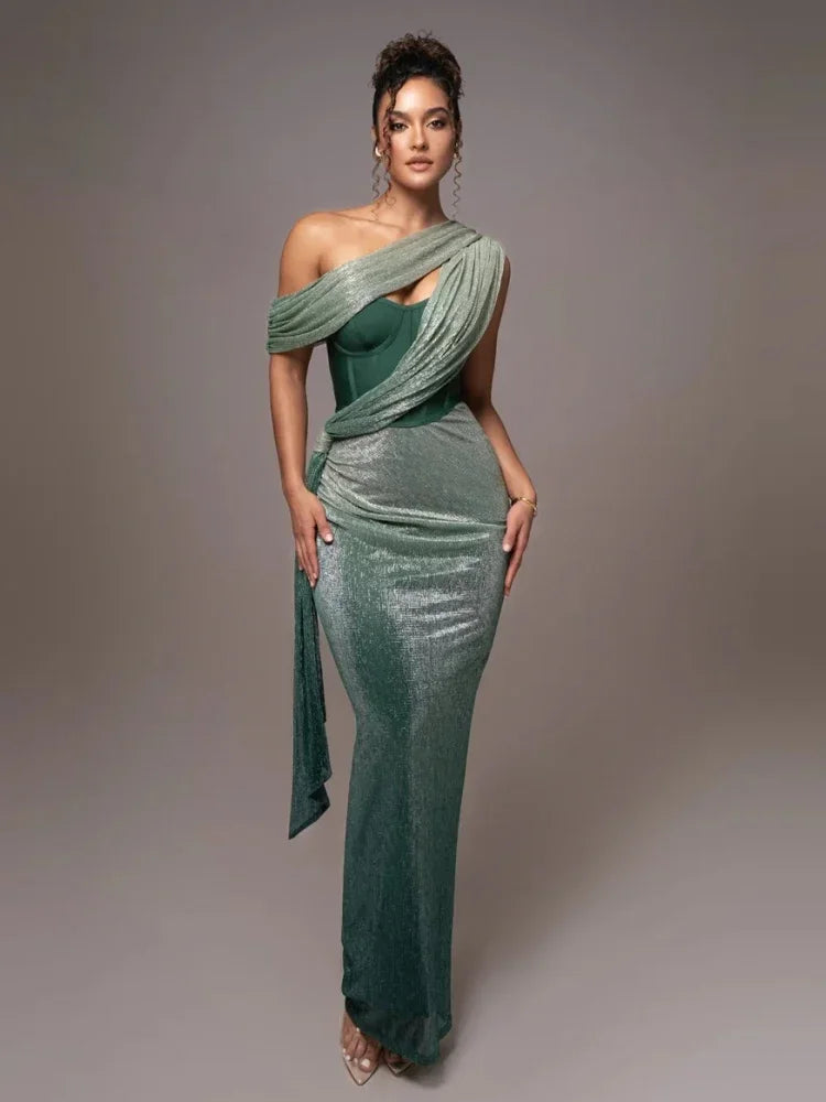 Sparkling One-Shoulder Draped Corset Maxi Dress