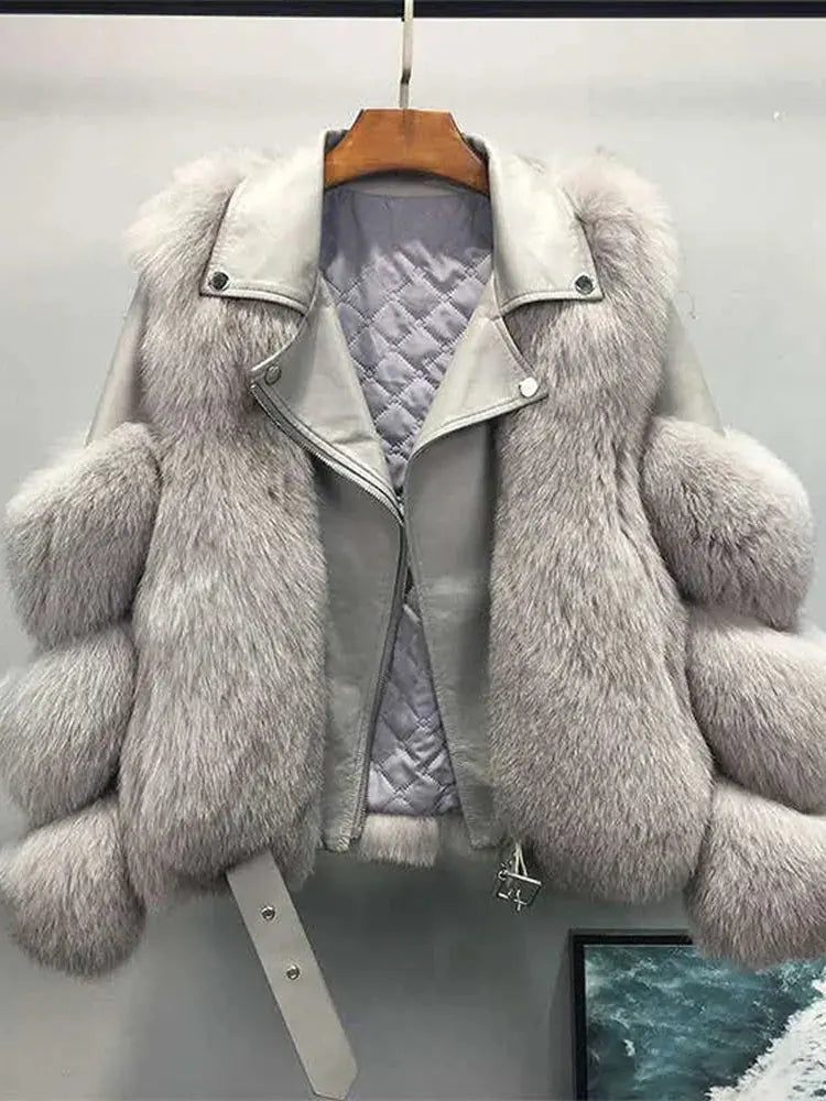 Faux Fur Jacket Patchwork Long Sleeve Pu Leather Fluffy - Loran